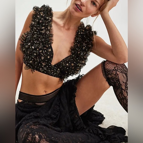 Tops - Free People Sosha Party Top black Smocked Sparkling Embellishments M NEW